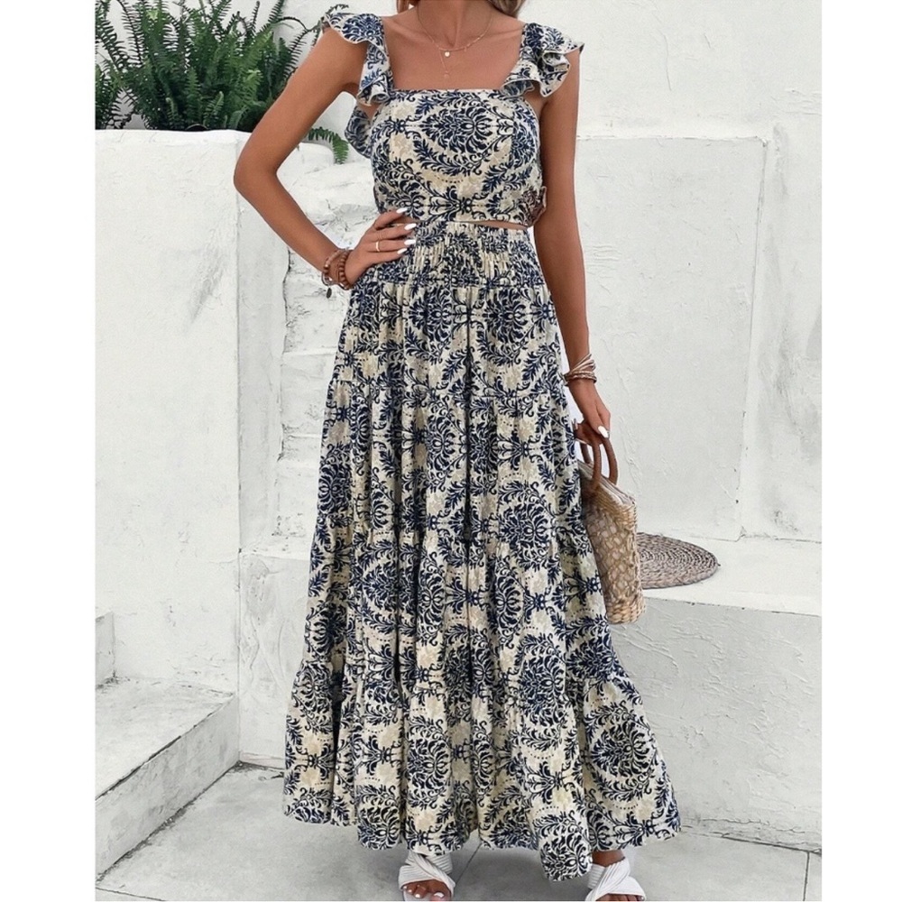Boho Floral Print Ruffle Sleeve Cropped Top Maxi Skirt Set S M L XL